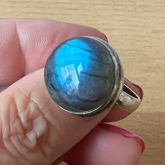 VINTAGE LARGE LABRADORITE CABOCHON RING 925 STERLING SILVER BLUE ETHEREAL GLOW